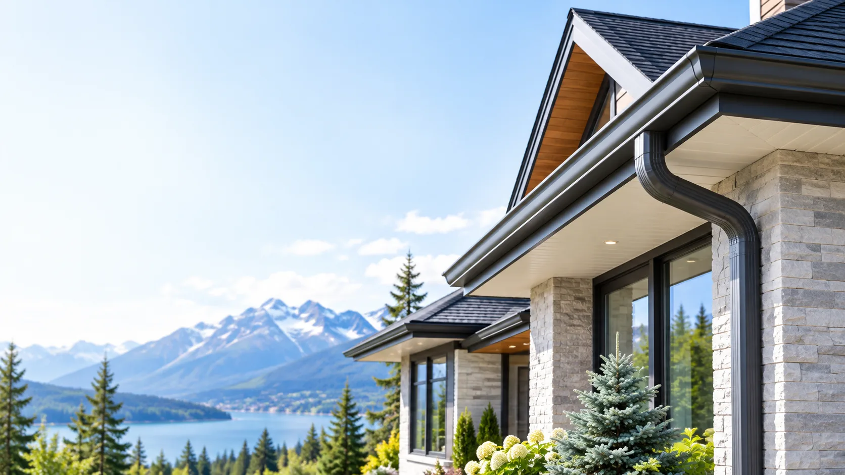 A modern Canadian home with a dark seamless gutter system and downspout, overlooking a mountain lake